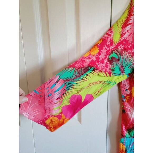 High Fifth 1X Colorful Top Tropical Print Stretch 3/4 Slv Rayon Blend Palm Frond - Picture 6 of 9